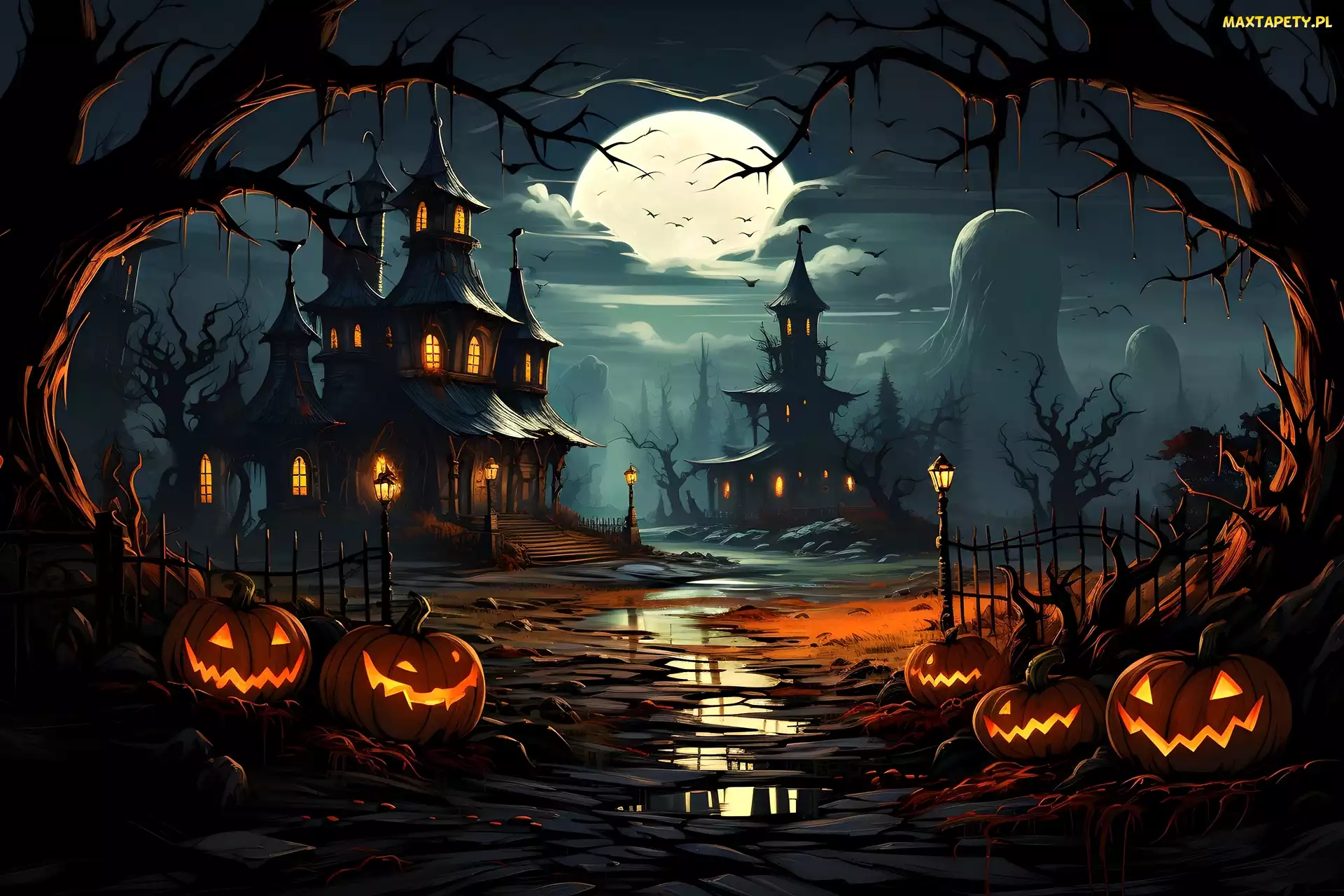 Halloween, Grafika, Drzewa, Dynie, Zamki, Noc