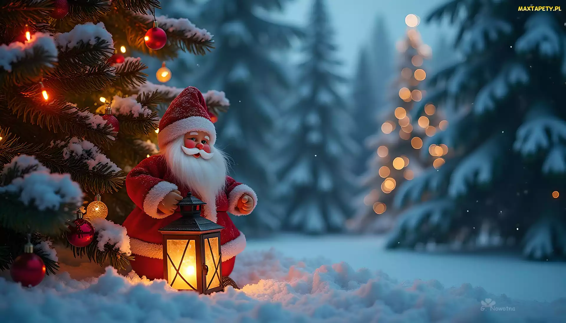Grafika, Śnieg, Choinka, Mikołaj, Lampion, Zima
