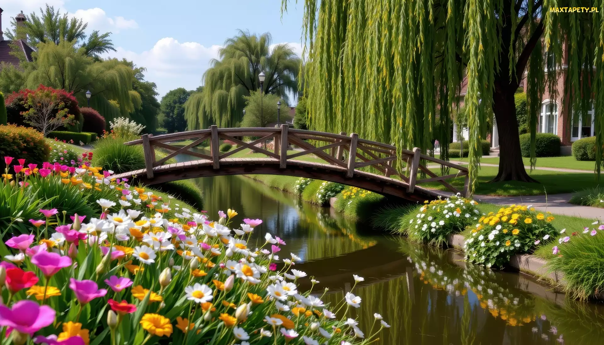 Kwiaty, Park, Wierzba płacząca, Mostek, Strumień