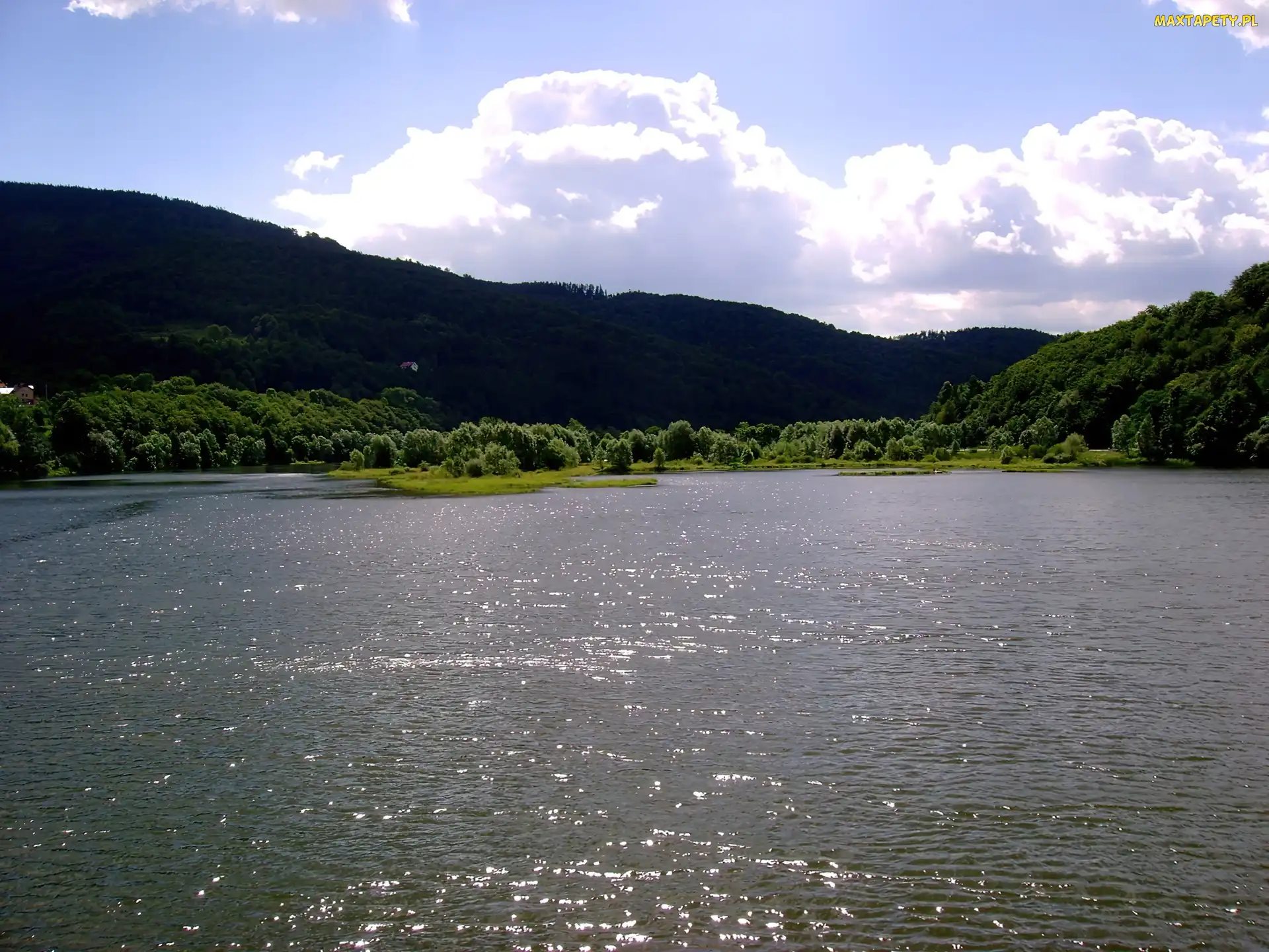 Niebo, Drzewa, Góry, Jezioro